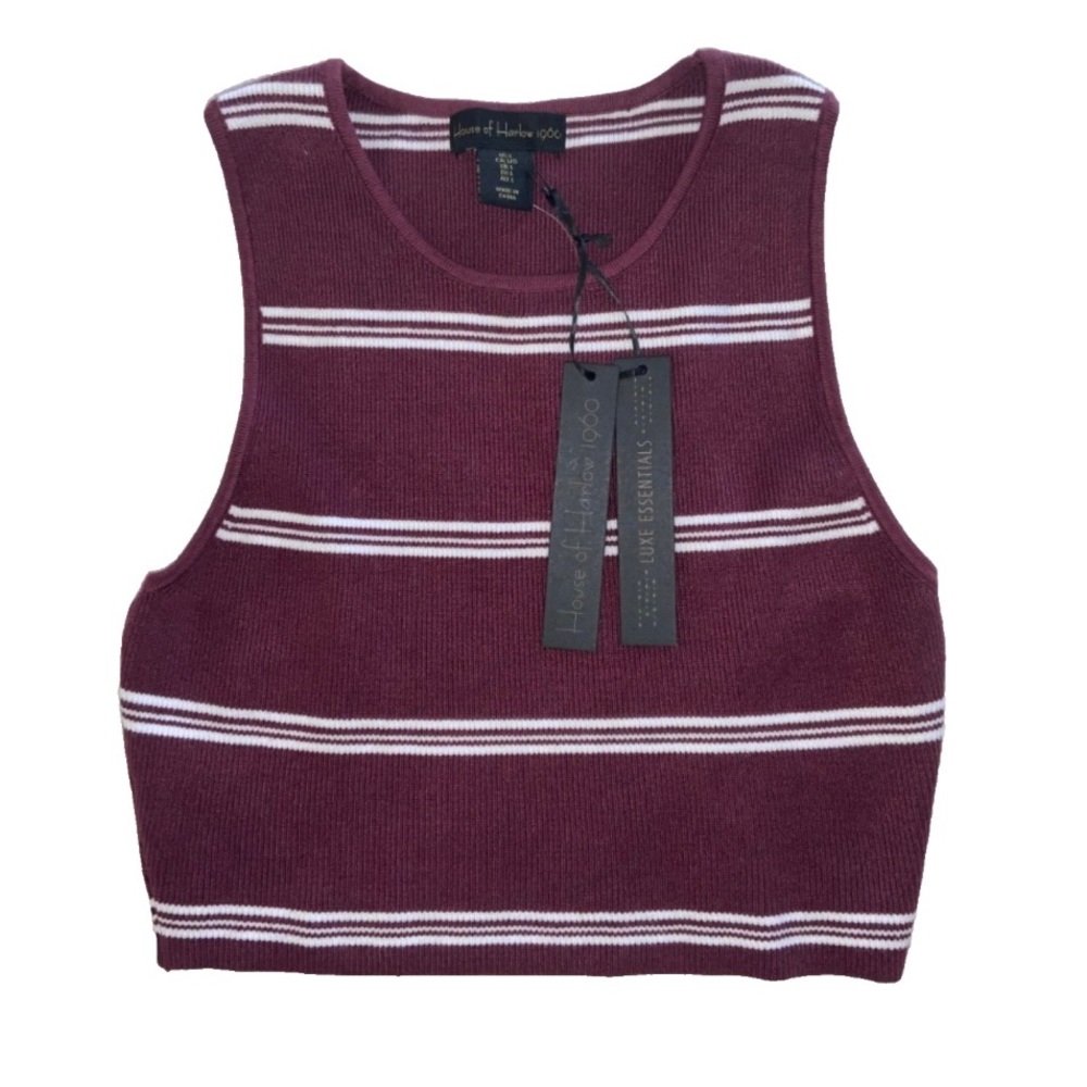 House of Harlow 1960 Sleeveless Ribbed Crop Top Burgundy/White Stripe Small NWT
